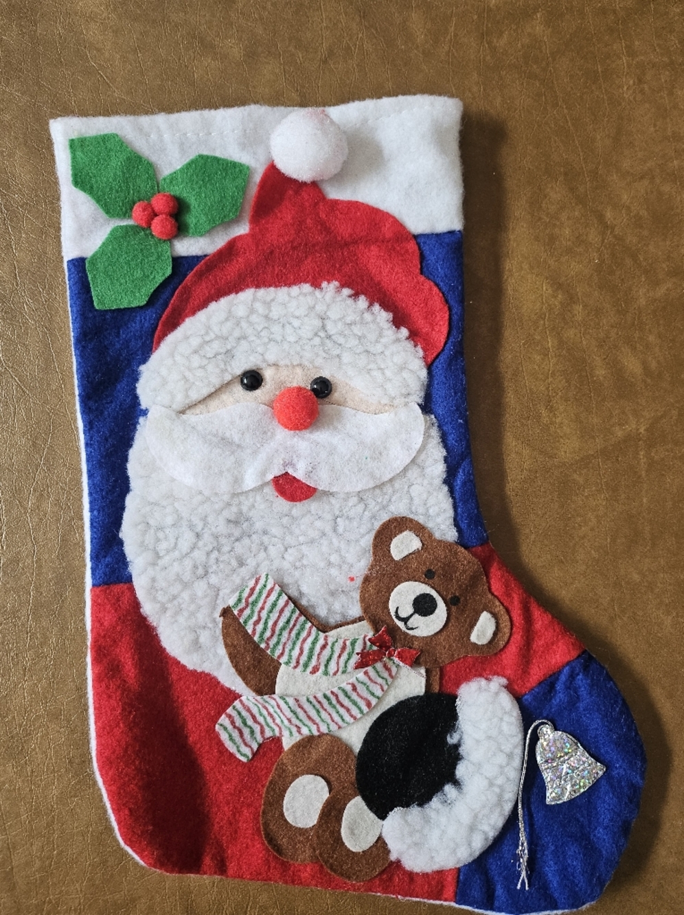 Festive Santa & Teddy Felt Christmas Stocking - Red, White, Blue, Green, Brown